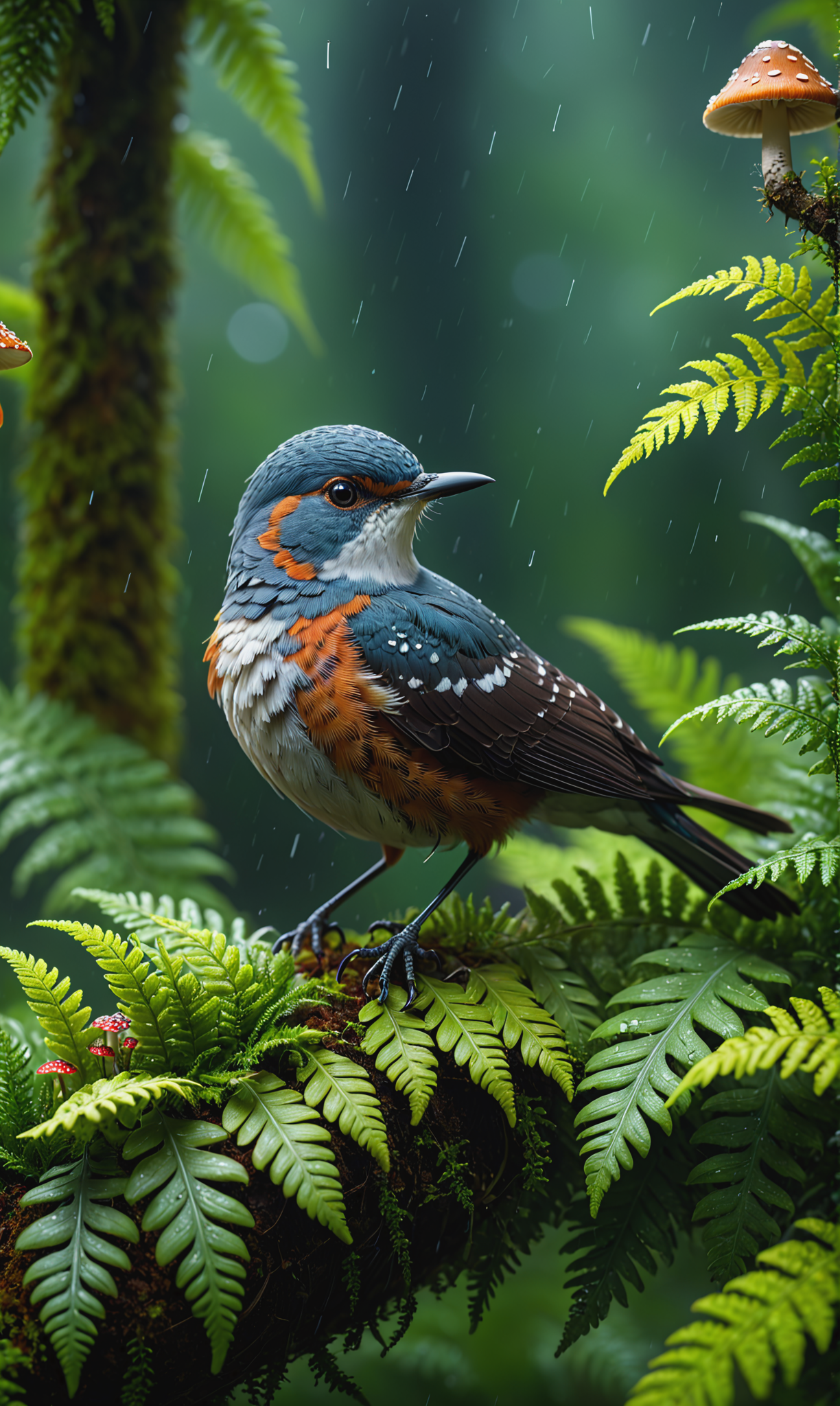 00625-234586463-A small cuckoo bird perched on top of a tree with beautiful ferns and mushrooms and flowers, on a rainy summer morning, in a tro.png